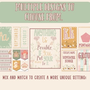 May include: A selection of educational printables in a soft, vintage style. Includes alphabet cards, calendar pieces, pennants, and motivational posters. The text reads "Multiple Designs to Choose From" and "Mix and Match to Create a More Unique Setting!"