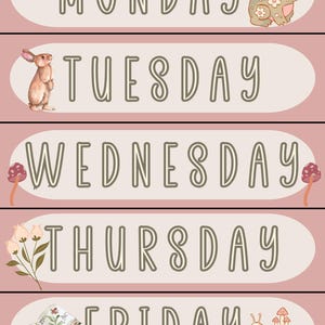 May include: A pink and beige weekly planner featuring the days of the week in a whimsical font. Each day is illustrated with a different image: a frog, rabbit, mushrooms, flowers, a book, and a snail.