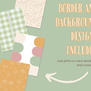 May include: Printable border and background designs in various patterns and colours. Designs include a green gingham, rainbow pattern, and mushroom pattern. Text reads "BORDER AND BACKGROUND DESIGNS INCLUDED".