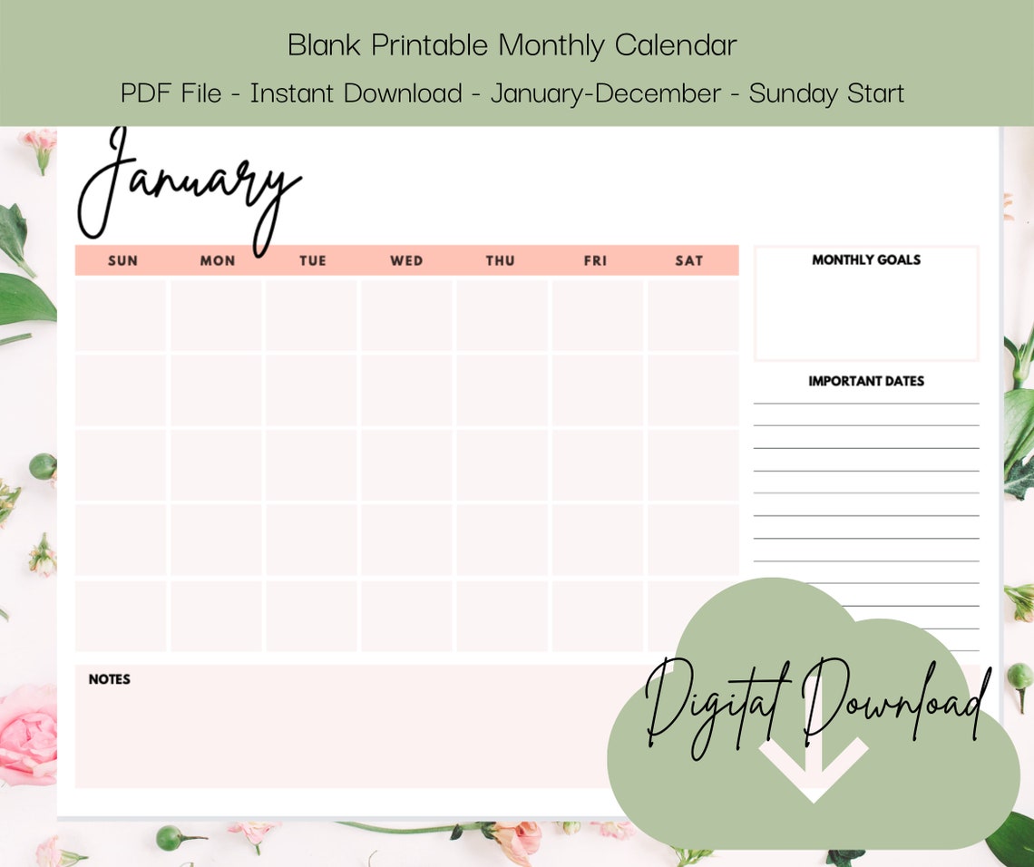 Printable Monthly Calendar - Etsy