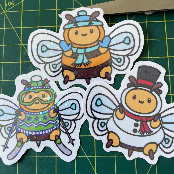 Winter Bee - any 6 sticker designs for 15.oo - Laminated decal snow snowman insect cute funny bee frog slug santa beetle ski skate snail