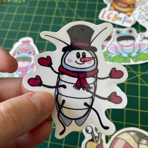 Winter Beetle - any 6 sticker designs for 15.oo - Laminated decal snow snowman insect cute  bee frog slug santa cockroach ski skate snail