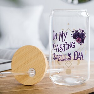 Witchy Coffee Glass Sipper Cup: Magic Spells Era, Purple Floral (16 oz) image 1