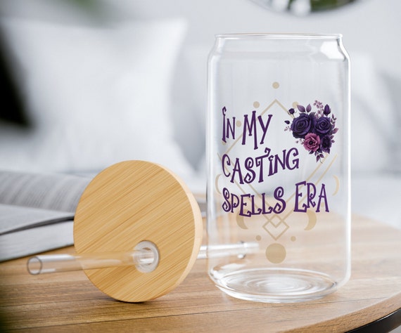 Witchy Coffee Glass Sipper Cup: Magic Spells Era, Purple Floral (16 oz)