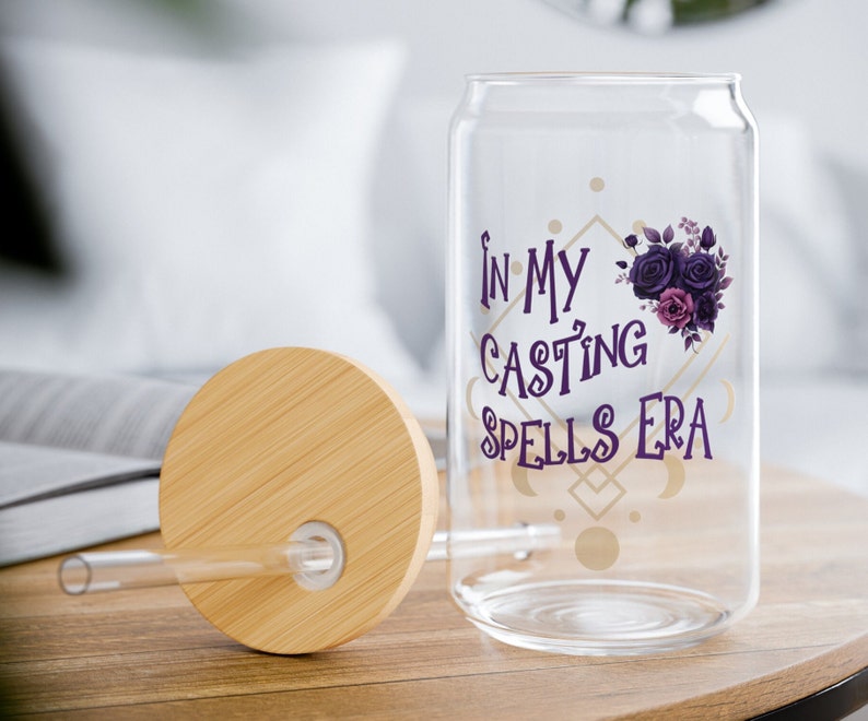 Witchy Coffee Glass Sipper Cup: Magic Spells Era, Purple Floral (16 oz) image 1