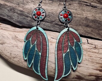 Western Boho Earrings, Wooden Earrings, Statement Earrings, Hand Painted Earrings, Lightweight, Summer Earrings, Gift for Her, Gift for Mom