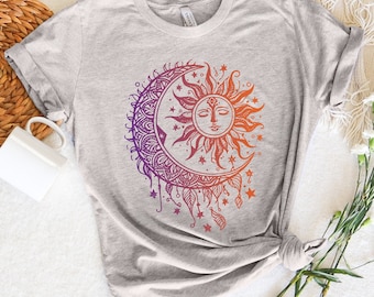 Celestial Sun and Moon Gradient Tee - Witchy Boho Shirt
