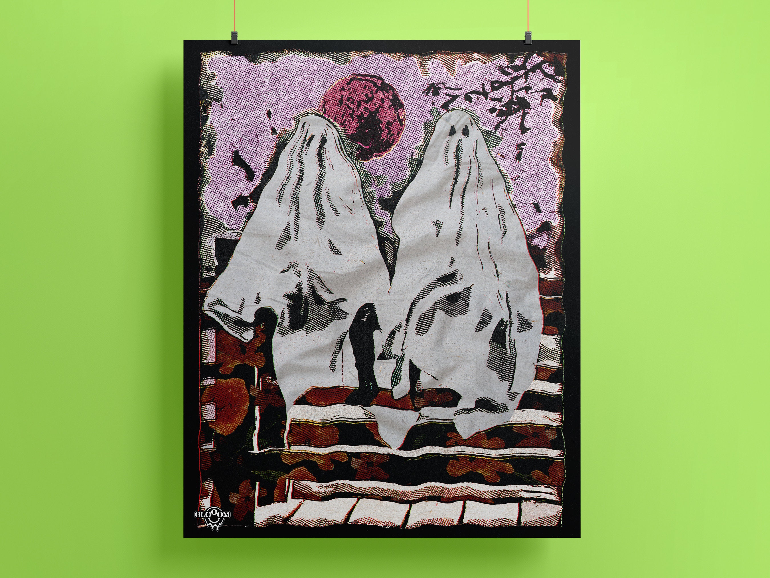 Fantasmi su un post - Poster effetto mezzitoni illustrazione in stile fumetto - Retro / Halloween / Spettrale // Stampa digitale // Arte da parete stampabile
