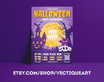 Könnte beinhalten: Ein lila Halloween-Party-Plakat mit einem Spukschloss, Fledermäusen und einem Vollmond. Das Plakat enthält den Text "FREE ENTRY" und Veranstaltungsdetails. Die Etsy-Shop-URL befindet sich unten.