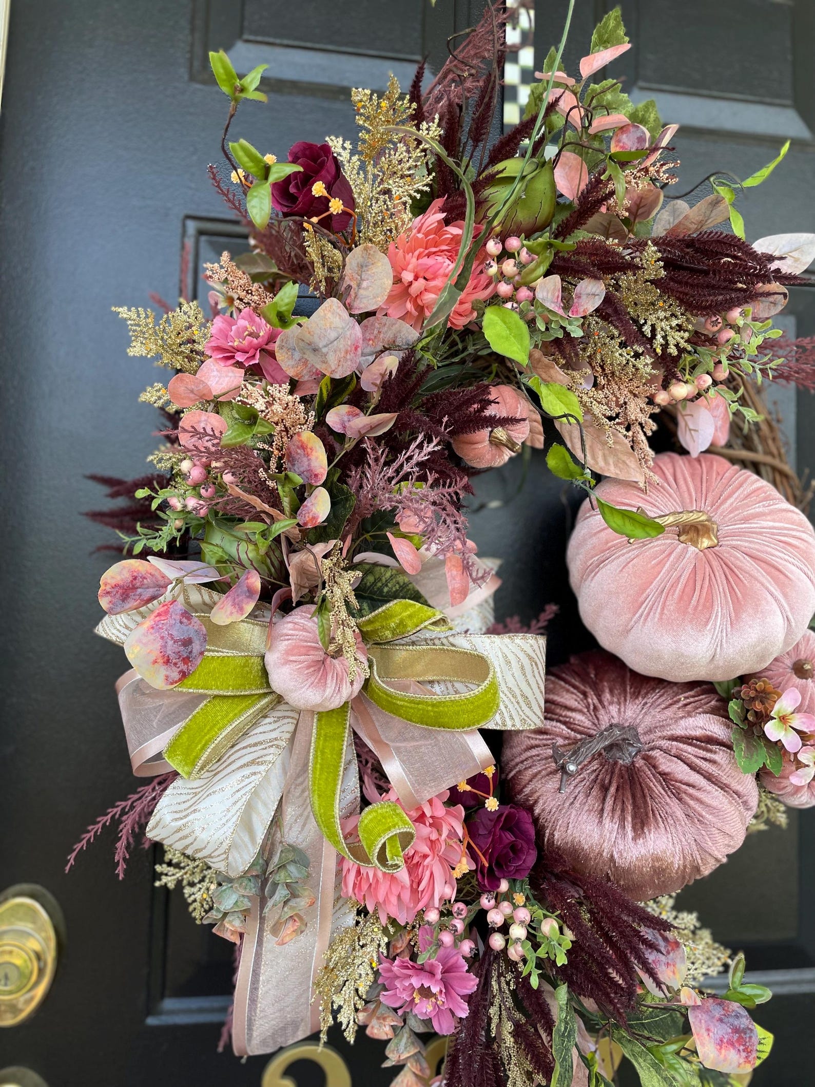 Elegant Fall Pink and Mauve Velvet Pumpkin Wreath, Autumn Wreath, Fall ...
