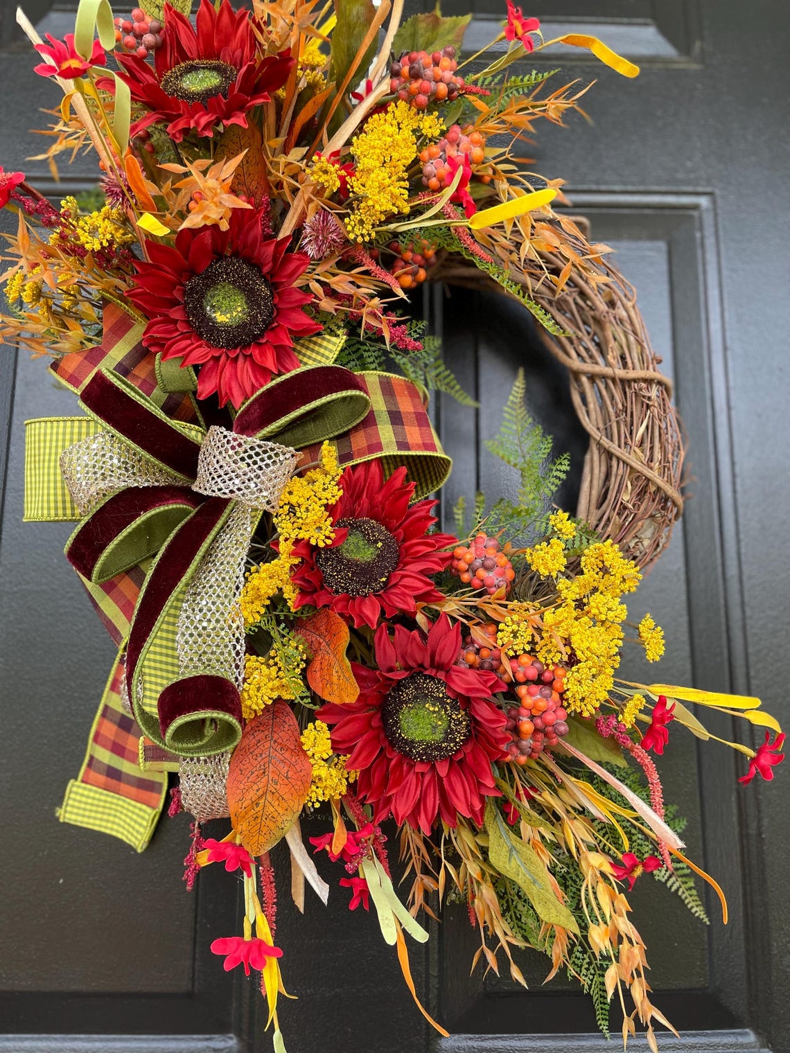 Red Sunflower Fall Wreath, Autumn Wreath, Front Door Wreath, Country ...