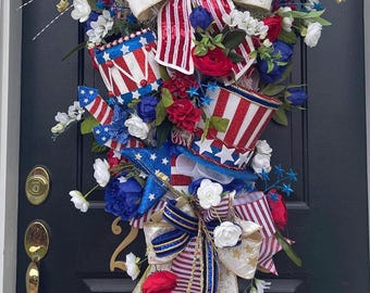 Luxury Patriotic Door Swag, 4th of July Wreath, Americana Front Door Decor, Red White Blue Gloral Swag, Memorial Day Porch Decor, statement
