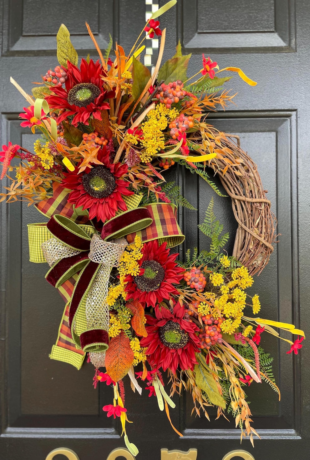 Red Sunflower Fall Wreath: Rustic Autumn Door Decor - Etsy