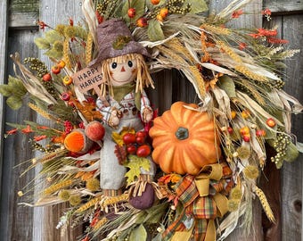 Fall Corn Husk Wreath with Scarecrow