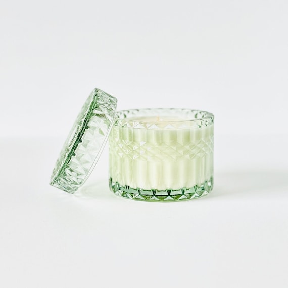 Cactus Flower + Jade Natural Soy Candle | Green Candle Holder with Lid | Vintage Pleated Glass Jar | Vegan | Double Wick | Eco-Friendly