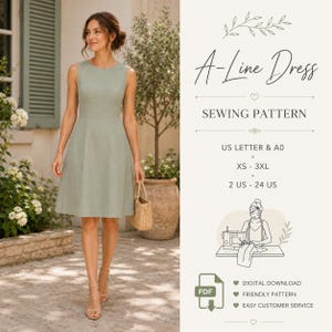 May include: A sage green sleeveless A-line dress with a round neckline and a fitted bodice. The text reads A-Line Dress SEWING PATTERN, US LETTER & A0, XS - 3XL, 2 US - 24 US, DIGITAL DOWNLOAD, FRIENDLY PATTERN, and EASY CUSTOMER SERVICE.