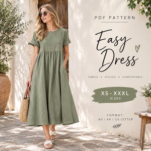 May include: A sage green midi dress with short cuffed sleeves, a round neckline, and a gathered waistline. The text on the image reads: PDF PATTERN, Easy Dress, SIMPLE STYLISH COMFORTABLE, XS-XXXL SIZES, FORMAT: A0 / A4 / US LETTER.
