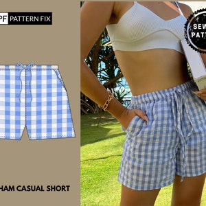 Casual kort pdf-naaipatroon met gingham-ruit| Maten: US2-12| UK6-16| EU34-44 | XS-XXL| Direct downloaden op A4 en A0-formaat| Eenvoudige instructies