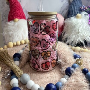 Valentines Day Candy Hearts| 16oz Libbey Glass Can|Coffee Glass|Conversation Hearts Glass