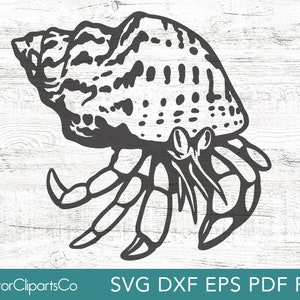 May include: Black and white line art illustration of a hermit crab carrying a shell on its back. The crab has a detailed shell with a pattern of dots and lines. The crab's legs are visible and are drawn in a stylized way.