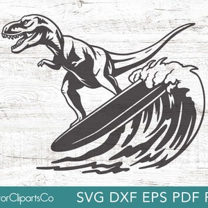 Dinosaur SVG, T-Rex PNG, Dinosaur Clipart Vector Cut File, Surfing Tyrannosaurus Rex Commercial Use for cutting, vinyl & sublimation
