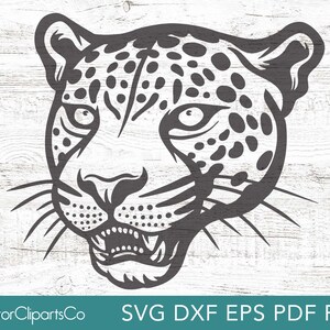 May include: A black and white illustration of a jaguar's head with a spotted pattern. The jaguar is looking to the right with its mouth slightly open.