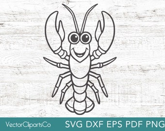 Happy Cartoon Lobster SVG, Cute Crayfish Clipart, Vector Cut File, Commercial Use Included, Dxf, Pdf, Eps, Png, Svg