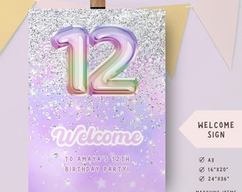 Welcome sign 12th birthday party. Purple with silver Glitter poster board. Pretty minimal for tween girls birthday Twelfth yard banner decor