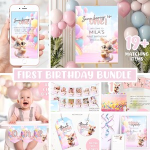 First Birthday party bundle, 1st birthday girl decorations package editable invitation templates Some bunny is one year download printable