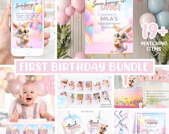 First Birthday party bundle, 1st birthday girl decorations package editable invitation templates Some bunny is one year download printable