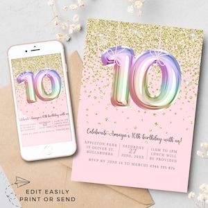 Girls 10th Birthday Invitation Template Glitter Party Invite Rainbow Foil Balloons Pretty Pink Gold tenth Birthday Instant Download Digital