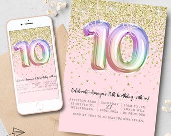 Girls 10th Birthday Invitation Template Glitter Party Invite Rainbow Foil Balloons Pretty Pink Gold tenth Birthday Instant Download Digital