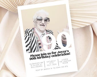 90th Birthday Invitation Editable Template with photo. Mobile and printable Canva Ninety modern minimal ninetieth 90 party digital download