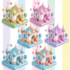 Pastel carnival clipart, Bounce House, party cartoon images, jumping castle 3D, digital download Bounce Party Invite png girls kids birthday