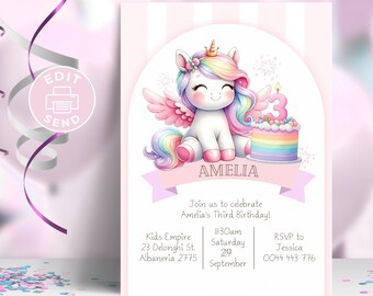 Unicorn 3rd Birthday Invitation, Editable Rainbow Pink Pastel Watercolor third party Invite for Girl Printable Download Canva