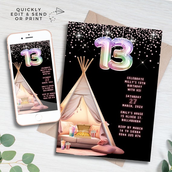 Girls 13th Birthday Invitation Template Glitter Party Invite Rainbow pizza Pajamas movie slumber Pink thirteenth tween Instant mobile