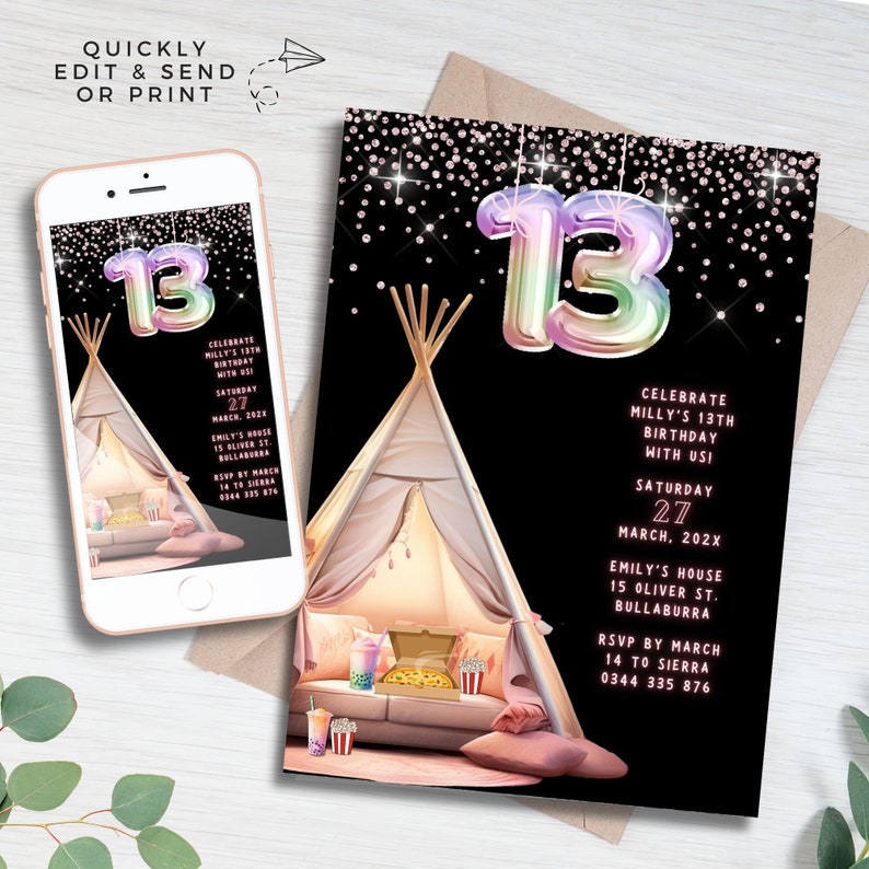 May include: A black and pink birthday invitation with a holographic number 13, a teepee, and a couch with snacks. The text reads "Celebrate Milly's 13th Birthday with us! Saturday, March 27, 202X, Emily's House, 15 Oliver St., Bullaburra, RSVP by March 14 to Sierra, 0344 335 876".