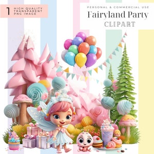 Fairyland Party Clipart Fairy Verjaardag cartoon afbeelding Pastelroze peutermeisje 3D magische tuinfee prinses met glitters