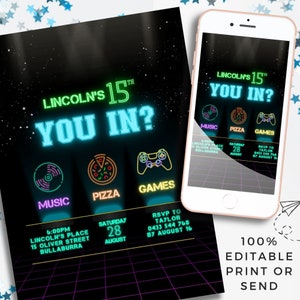 Bruh it’s my birthday invitation Teenage boy Video Game Party Level Up Birthday Invite, Gamer Boy Template Neon pizza Sleepover Arcade Party