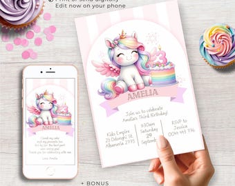 Unicorn 3rd Birthday Invitation, Editable Rainbow Pink Pastel Watercolor third party Invite for Girl Printable Download Canva
