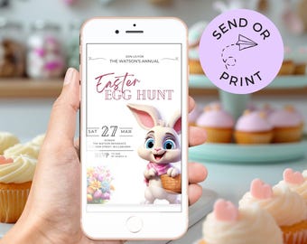 Easter Egg hunt invitation, Easter invite, family Easter brunch, Easter tea clipart, Easter treats, cute bunny rabbit party, hop on over