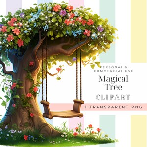 Image d'arbre féerique avec une balançoire fleur printanière clipart 3D png arbre magique jolie chambre d'enfant art mural animaux sur balançoires clipart dessin animé féerique