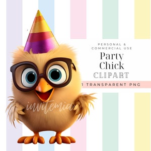 Puede incluir: Un pollito de dibujos animados con un gorro de fiesta y gafas. El pollito es amarillo con un cuerpo esponjoso y un pico naranja brillante. El pollito está mirando hacia la derecha de la imagen.