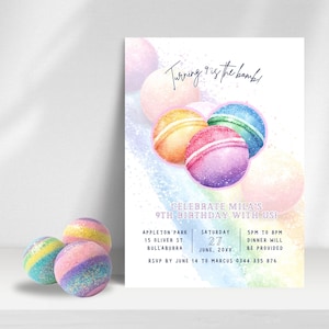 Bath Bomb Making Party Invites for Girls Birthday. Rainbow purple watercolor. Tween Pamper Spa Party Printable digital customisable template