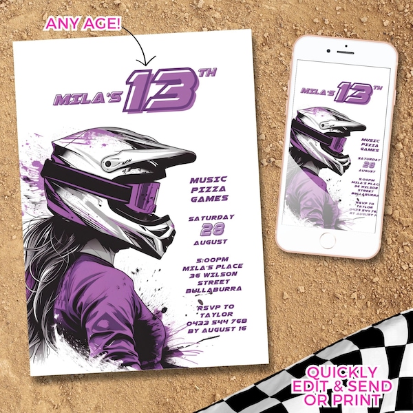 Motocross Teenage girl Party Invitation, girls motorbike invite Girls who ride Birthday party template, ATV, FMX, BMX, mtb, pizza,