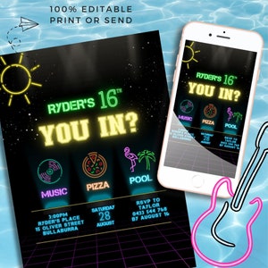 Teenage boy pool Party Invitation, Neon Disco pizza Sleepover Arcade Party, 5x7 Canva bruh it’s my birthday invitation