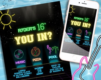 Teenage boy pool Party Invitation, Neon Disco pizza Sleepover Arcade Party, 5x7 Canva bruh it’s my birthday invitation