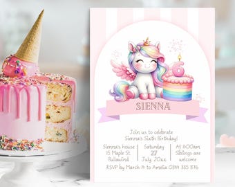 Unicorn 6th Birthday Invitation, Editable Rainbow Pink Pastel Watercolor Unicorn six year old 6 Birthday Girl Invite Printable Download