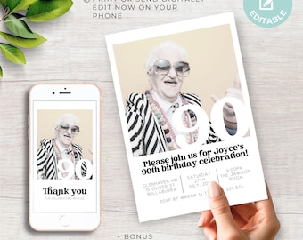 90th Birthday Invitation Editable Template with photo. Mobile and printable Canva Ninety modern minimal ninetieth 90 party digital download