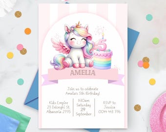 Unicorn 5th Birthday Invitation, Editable Rainbow Pink Magical Pastel Watercolor Birthday Girl Invite five 5 fifth Printable Download